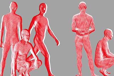 Graphic of humans drawn in red on grey background
