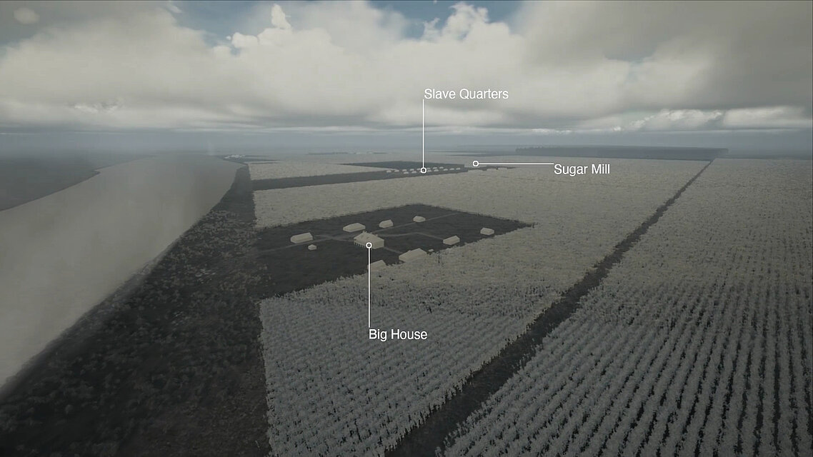 Forensic Architecture, aus / from: If toxic air is a monument to slavery, how do we take it down?, 2021, Courtesy, © Forensic Architecture. Sites of PM2.5-producing facilities are layered onto a ‘heat map’ showing concentrations of PM2.5 (particulate matter) in the atmosphere, according to a 2014 survey (Forensic Architecture).