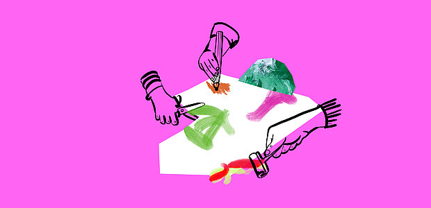 
            
                Grafik mit Bastelutensilien und Händen auf pinkem Hintergrund
            
        