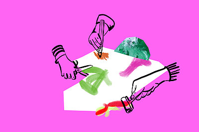 Grafik mit Bastelutensilien und Händen auf pinkem Hintergrund