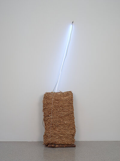 A bale of straw lies on wood, with a neon tube mounted diagonally above it.