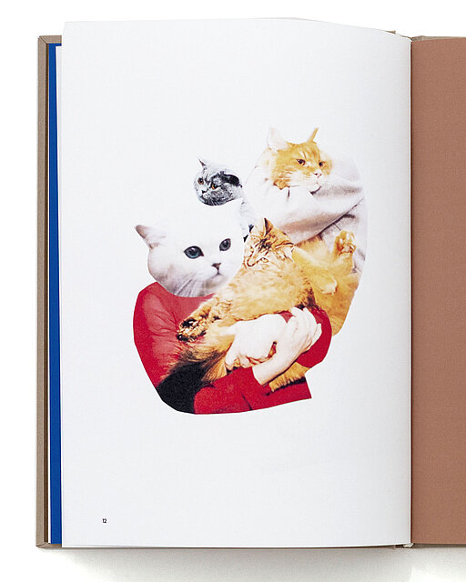 Aufgeschlagenes Buch vor weißem Hintergrund mit einer collageartigen Darstellung mehrerer Katzenköpfe und -körper, die zu einer zusammengesetzten Figur kombiniert sind. / Open book against a white background showing a collage-like arrangement of multiple cat heads and bodies combined into a single composite figure.