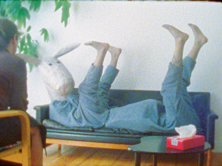 Film Still: Gernot Wieland, Thievery and Songs. Person in Eselskostüm / Person in Donkey Costume