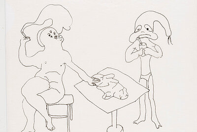 Feine Linienzeichnung zweier figuraler Wesen an einem Tisch, die Konturen sind reduziert und unkoloriert. / Fine line drawing of two figurative beings at a table, rendered with reduced, uncolored outlines.