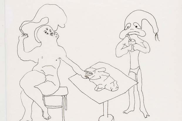 
            
                Feine Linienzeichnung zweier figuraler Wesen an einem Tisch, die Konturen sind reduziert und unkoloriert. / Fine line drawing of two figurative beings at a table, rendered with reduced, uncolored outlines.
            
        
