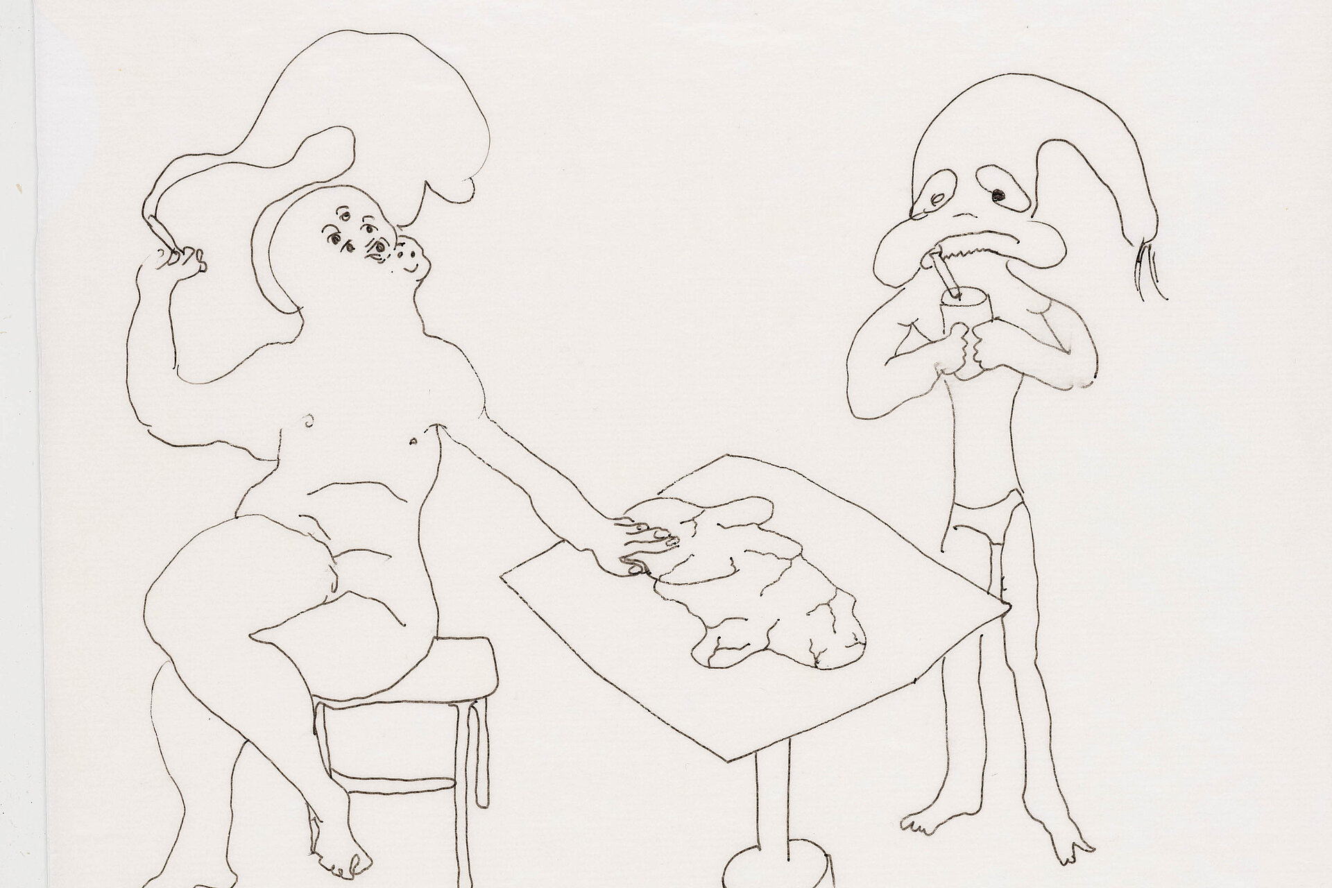 Feine Linienzeichnung zweier figuraler Wesen an einem Tisch, die Konturen sind reduziert und unkoloriert. / Fine line drawing of two figurative beings at a table, rendered with reduced, uncolored outlines.