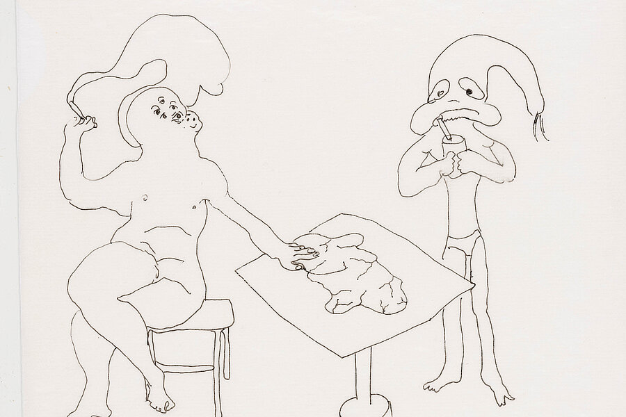 Feine Linienzeichnung zweier figuraler Wesen an einem Tisch, die Konturen sind reduziert und unkoloriert. / Fine line drawing of two figurative beings at a table, rendered with reduced, uncolored outlines.